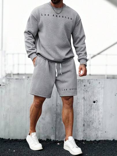 Manfinity Dauomo Conjunto De 2 Piezas De Sudadera Y Pantalones Cortos Con Estampado De Letras Sueltas Informales Para Hombre