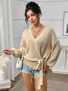 INAWLY Women's Fashion Wrap Tie Long Sleeve Cardigan - Apricot - View 4