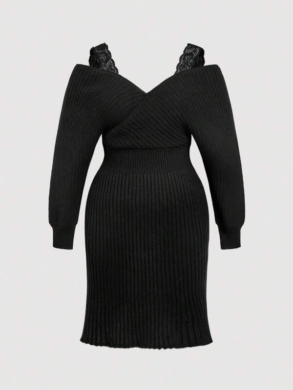 SHEIN MOD Plus-size dames elegante gebreide jurk met kanten off-shoulder en lange mouwen