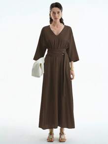 Aalyst 女士优雅简约高端休闲度假连衣裙，V 领，插肩袖，腰带，金属 D 形环装饰，A 字形，3/4 袖，中长款，春夏 - 咖啡棕 - 查看 6