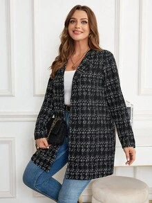 SHEIN Clasi Plus Size Plaid Casual Turndown Collar Commuter Coat, Spring/Autumn Long Sleeve Winter Coat, Office,Work - Black - View 7