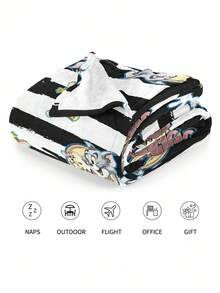 TOM & JERRY X SHEIN 条纹和卡通图案超柔软法兰绒羊毛毯，适合家庭、办公室和旅行，毛绒抗起球且易于护理，100% 涤纶 - 黑與白 - 查看 6