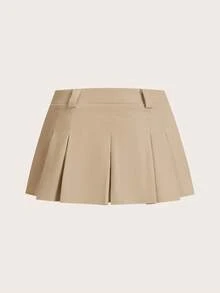 SHEIN ICON Khaki Mini Skort With Pleated Design And Zipper For Casual Wear - Khaki - View 2
