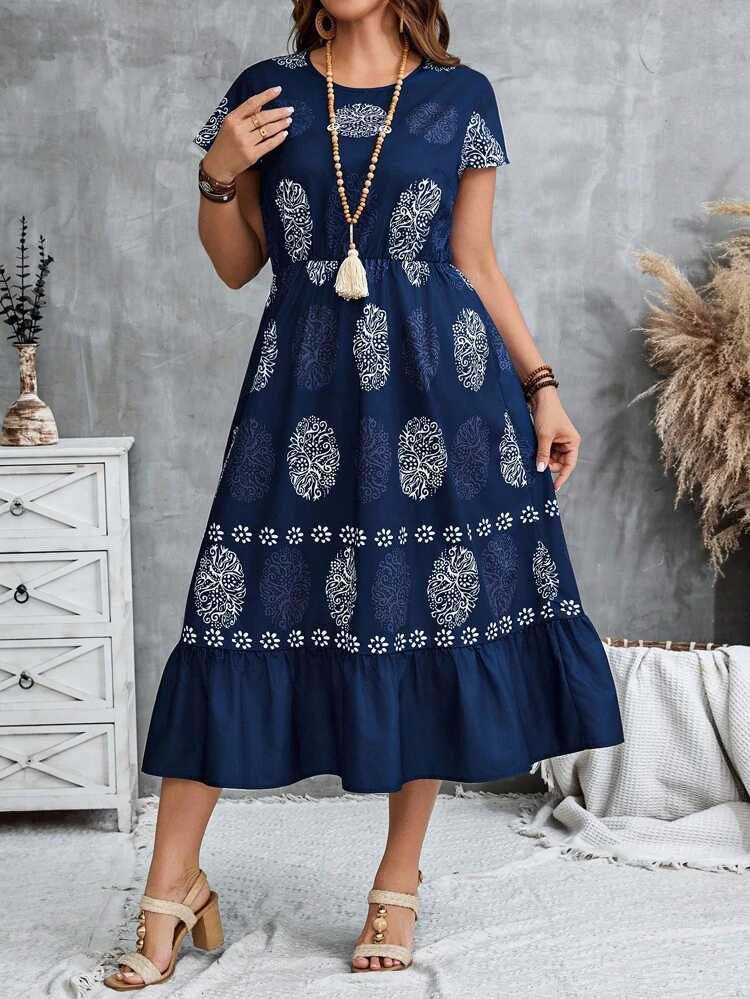 Plus Size Women's Summer Vintage Print Casual Vacation  Navy Blu Dress,Fall Women Clothes ,Summer Holiday,Vacation Outfits Women,Simple And Fashionable For Everyday Wear,Vacay Vibes,Springbreak,Casual Wear SS,Bohemia,Summer Dresses For Women,Flowy Dress