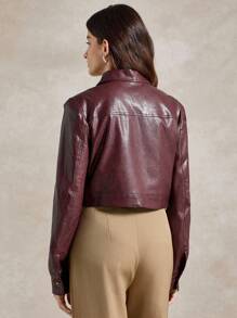 Briarwyn Áo khoác thời trang nữ tay dài bằng da PU màu trơn, cài nút đơn, quần áo mùa thu cho nữ, trở lại trường, áo khoác mùa đông phong cách cổ điển cho nữ, quần áo cổ điển cho nữ, trang phục dạo phố cho nữ - Màu Đỏ Sâu - Xem 3