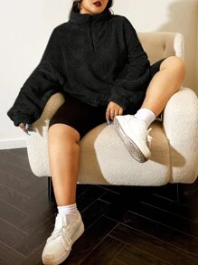 SHEIN EZwear 大码休闲纯色蓬松卫衣，秋冬季 - 黑色 - 查看 3