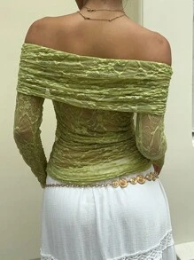 SHEIN Unity 秋季露肩荷叶边蕾丝面料透视长袖上衣 - 橄欖綠 - 查看 2