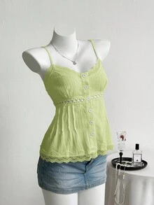 Elamini Áo hai dây cổ chữ V phối ren thanh lịch, ôm vừa vặn dành cho nữ, mùa hè - màu xanh lá - Xem 5