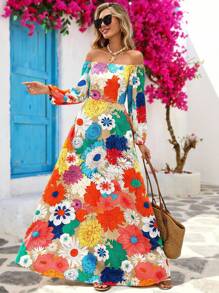 Vivid Eden Women's Resort Style Floral Print Off-Shoulder Long Sleeve Maxi Dress,Vacation Outfits,Rave Outfit,Brunch Outfits For Women,Fall Women Clothes , Airport Outfit Women,Boho Women Clothing