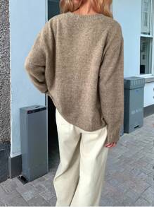 SHEIN Women Plus Size Solid Color Casual Knit Cardigan, Autumn/Winter Fall - Khaki - View 3