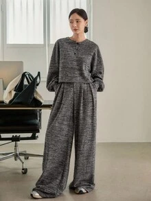 DAZY 2pcs Women Floral Print Loose Casual Business Sweatshirt Top And Straight Leg Pants Set, Autumn/Winter Lounge Sets For Women - Grey - View 5