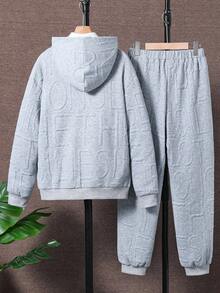 青少年男孩休闲纹理面料连帽运动服套装，适合休闲、上学和外出 - 灰色 - 查看 2