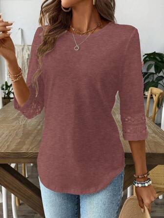 EMERY ROSE Women Solid Color Casual Crew Neck Hollow Out Sleeve Tee Graphic Tees Women Tops