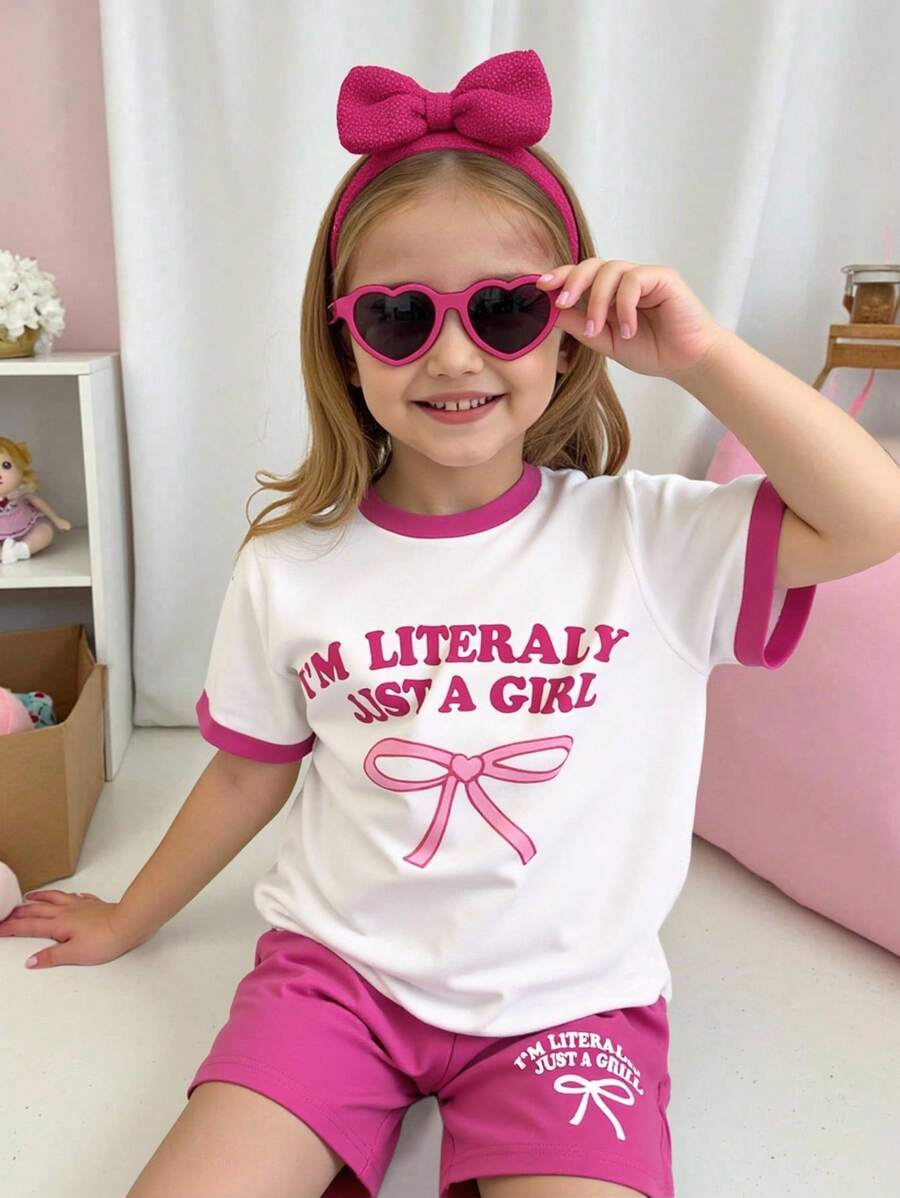 Tween Girls Cute White Summer Shorts Set,Family Matching Letter Print Tee & Solid Shorts,Back To School Kids Outfits - Multicolor - View 1