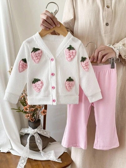 SHEIN Baby Girl Infant Toddler Newborn 0-3 Years Old Autumn/Winter Casual Sweet Strawberry Knitted Cardigan Jacket And Flared Pants 2pcs Set Fall
