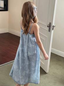 Hapijoa Tween Girl Comfortable Leaf Print Loose Camisole Nightgown, Summer - Blue - View 4