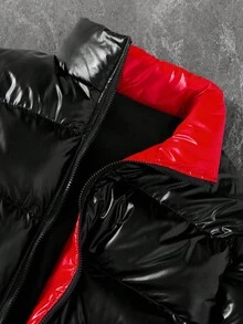 Manfinity EMRG Men's Long Sleeve Contrast Color Zipper Front Glossy Streetwear Winter Coat , Black And Red , A Great Gift For Your Boyfriend Streetwear Y2k , Fall - Black - View 5