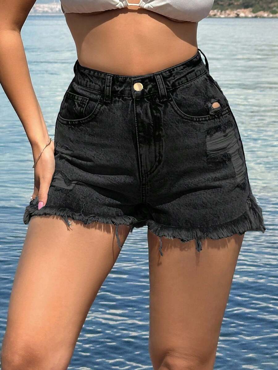 EURMUSE 100%Cotton Back Label Detailed Short With Destroy - Black - View 1