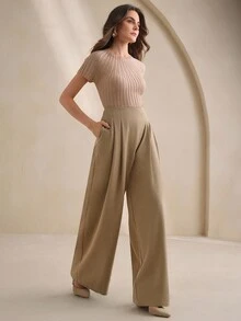 Anewsta Pantalones rectos con diseño de cintura asimétrica y plisados, pantalones casuales de negocios para mujer para otoño, invierno, salidas, formales, elegantes, Año Nuevo, Navidad, graduación, boda