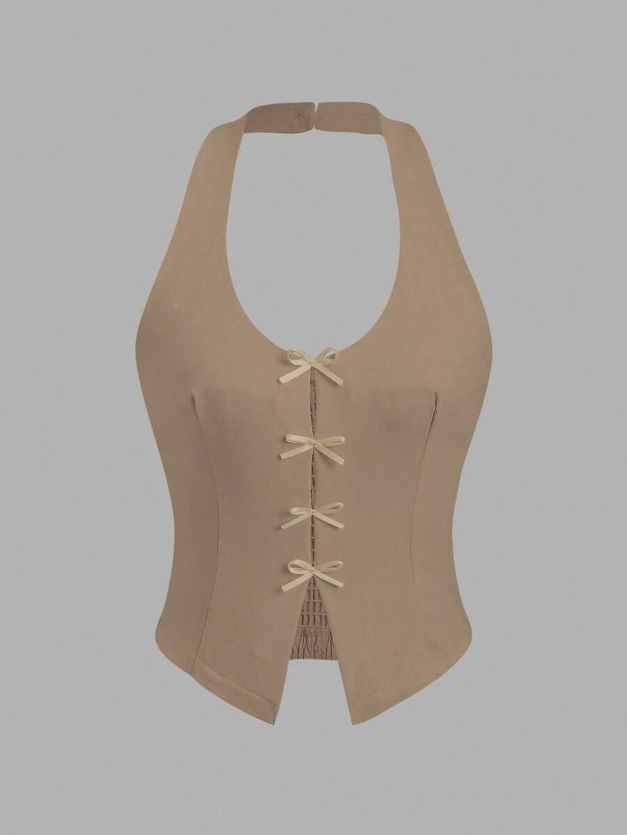 Sweetra Camiseta de tirantes elegante con cuello de halter y decoración de lazo para mujer en verano - Caqui - Ver 1