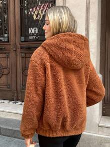 EURMUSE Sherpa Fleece Jacket With Front Zipper Closure, Black Trim Detail On Collar, Warm And Cozy Casual Outerwear Brown Teddy Jacket Brown Sherpa Jacket Teddy Hoodie Sherpa Hoodie Womens Brown Jacket - Camel - View 2