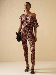 Lyxana Women's Fashionable Leopard Print Asymmetric Shoulder Jumpsuit, Summer - Multicolor - View 6