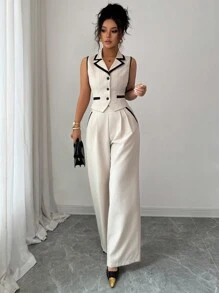 Siren Gaze Women's Elegant Commuter Contrast Trim Vest & Pants Suit F,All Outfits For Women,Back To School , Teacher Outfits For Women , Wedding Guest Dress Elegant ,Business Casual Woman ,Wedding Guest Dress Elegant,Old Money Style Women, Button Up Shirt Women, In Fall/Winter - Apricot - View 4