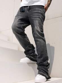 Manfinity EMRG Stylish Men's Grey Zippered Denim Jeans: Modern Casual Long Fit With Distressed Ankle Zips For A Look Going Out Hang Out Vacation Street Urban, Emo Style - Grey - View 6