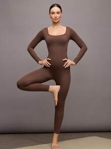 Activina Solid Color Seamless High Elasticity Sports Jumpsuit, Autumn/Winter - Brown - View 3