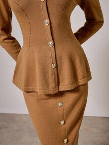COSMINA 2pcs Women Solid Color Button Front Cardigan & Knit Skirt Set In Fall/Winter - Brown - View 6