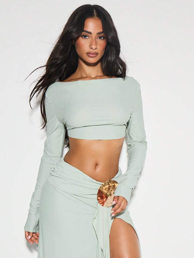KIZN Backless Boat Neck Crop Top With Tie Detail