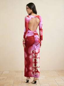Stephany M Floral Print Cut Out Ruched Fitted Sexy Backless Maxi Dress Summer Women Beachwear Swimwear - Multicolor - View 2
