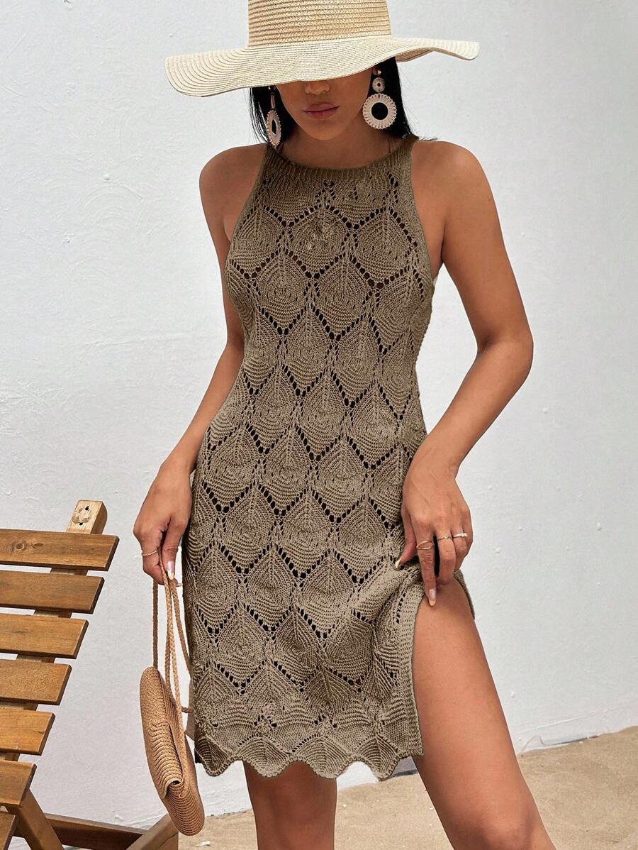 EURMUSE Women's Solid Color Round Neck Sleeveless Hollow Out Split Thigh Cover Up Dress - Brown - View 1