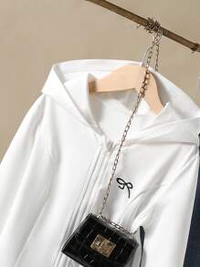 Tween Girl Bow Print Long Sleeve Zip Front Hooded Jacket Fall Winter - White - View 4