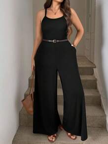 SHEIN LUNE 大码女装夏季返校季服装，女士纯色秋季服装，女士带口袋阔腿休闲复古服装，女士返校节商务休闲女装，曲线身材连体裤，复古富家女装 - 黑色 - 查看 6