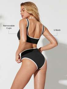 GLOWMODE Summer Quick Dry Chlorine Resistant Removable Cups Colorblock Trim Square Neck Bikini Top Swimming Beach Pool Vacation Resort Travel Summer Wear - Black - View 2