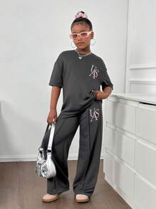 SHEIN 2 件套 Tween 女童宽松休闲时尚刺绣字母运动衫和裤子套装