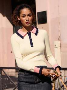 lacRébo Contrast Color Flutter Collar Knit Polo Top Spring Summer Women Elegant Knit Top Going Out Top Office French Style Old Money Style Top - Multicolor - View 5