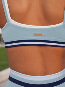 Aralina 女式条纹短款吊带背心和紧身裤运动套装，女式运动套装 - 淺藍色 - 查看 3