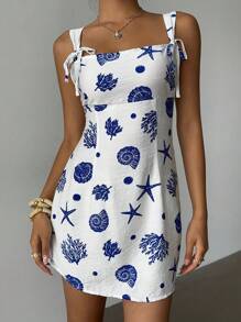 Aloruh Women's Summer Elegant Daily Fashion Simple Casual Commuting Music Festival Concert Y2K Ocean Element Print Cute Dress Island Beach Vacation White Blue Print Dress Young Girl Short Dress Allover Print Mini Casual Dress, Vacation Style