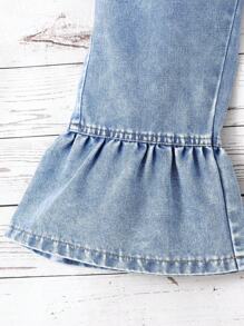 Young Girls Flare Leg Jeans With Ruffle Hem, Cute & Casual Loose Fit, Soft & Comfortable, Versatile For Pairing With Sweatshirts & T-Shirts, Lightweight Denim Pants Suitable For Spring & Autumn - Medium Wash - View 3