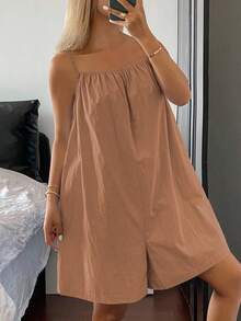 Livesso 简约纯色露背宽松阔腿女式连体裤，家居服睡衣 - 珊瑚橙 - 查看 3