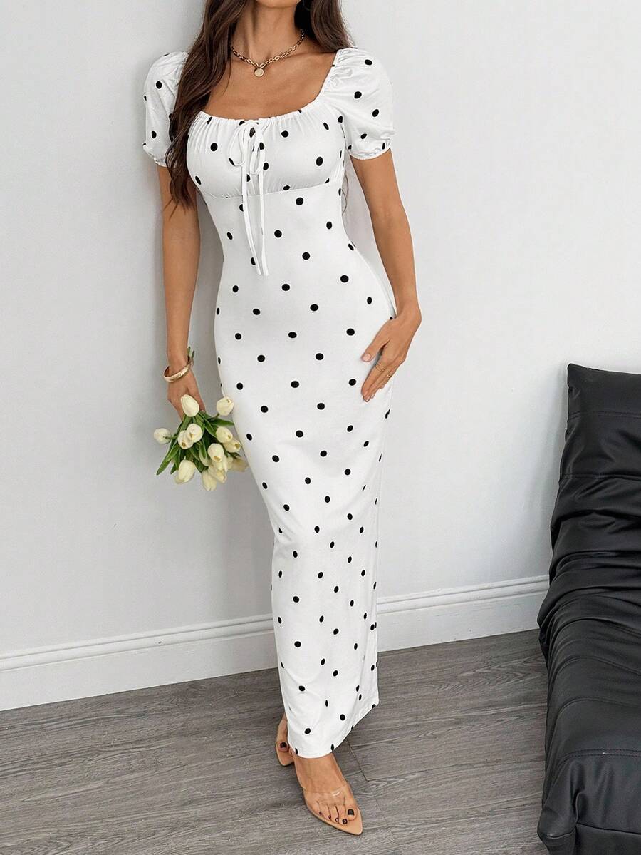 SHEIN Tall Women's Elegant Minimalist Precise Vacation Polka Dot Square Neck Ruched Fitted Dress, Summer - White - View 1