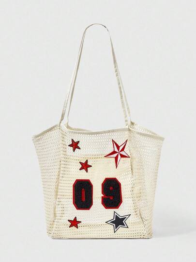 Grunge Punk 1pc Embroidered Letter Foldable Beach Bag, Mesh Net Tote Handbag For Women, Summer Outdoor Travel Essential