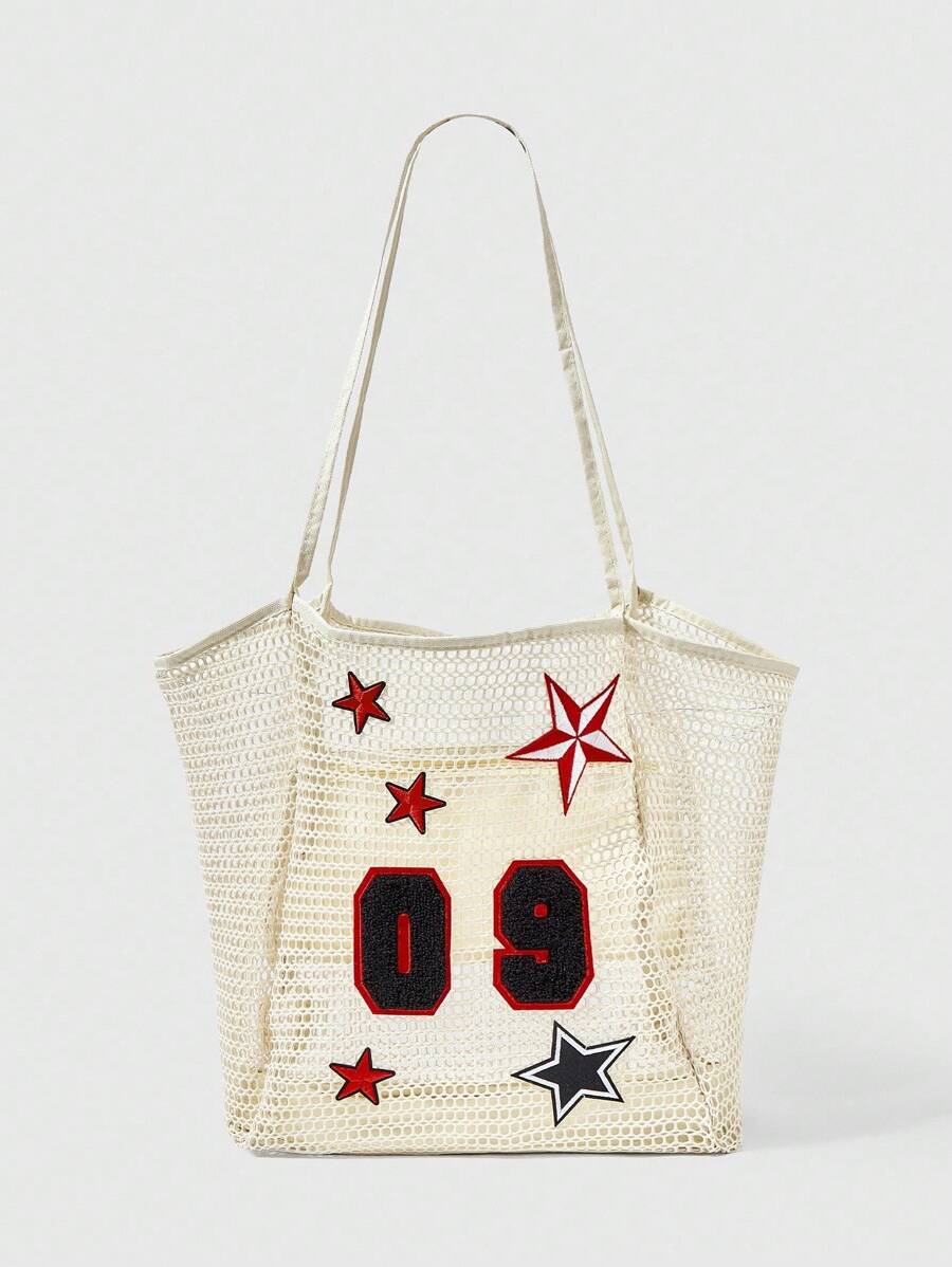 ROMWE Grunge Punk 1 件刺绣字母可折叠沙滩包，女士网眼手提包，夏季户外旅行必备 - 彩色 - 查看 1