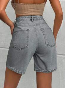 SHEIN Cottnline 100%Cotton LIGHT WASH HIGH WAIST SHORT - Light Grey - View 2