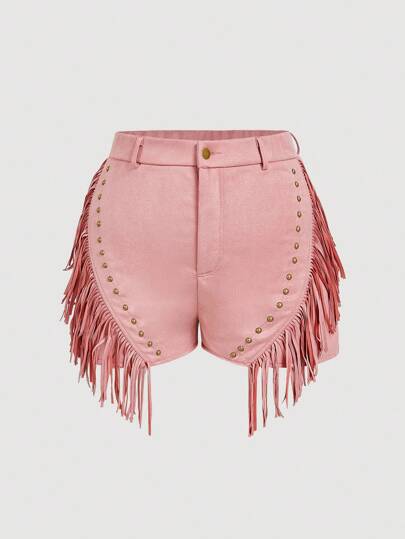 SHEIN MOD 加大码流苏短裤，适合音乐节、夏季、复古嬉皮铆钉流苏驼色绒面短裤、纳什维尔、海盗短裤、西部服饰