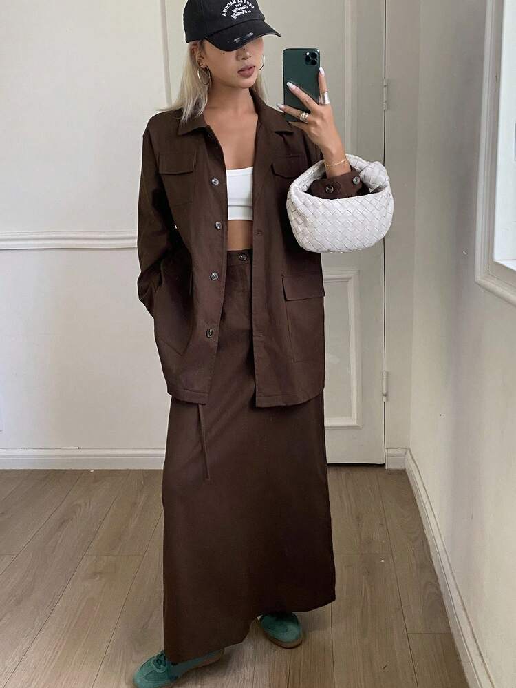 Brown Loose Casual 2 Pieces Set For Women, Autumn/Winter