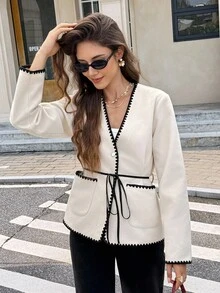 Serisse 女款優雅黑白對比飾邊長袖休閒夾克，法式休閒秋季日常通勤疊穿，老錢風商務休閒 - 彩色 - 查看 4