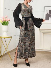 Yasmyna 喇叭袖雪纺长袖优雅亮片刺绣阿拉伯女式连衣裙 - 黑色 - 查看 2